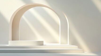 Poster - Minimalist White Interior Design with Arched Structures and Soft Lighting Creating a Tranquil Atmosphere