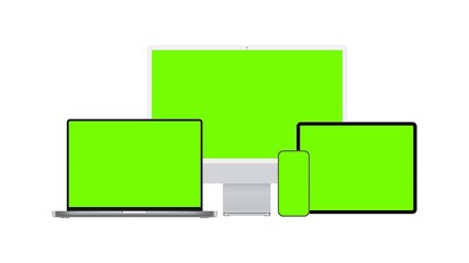 Fototapete - Animated Devices Mockups. PC, Laptop, Smartphone, Tablet With Green Screens. Animation For Web Presentation