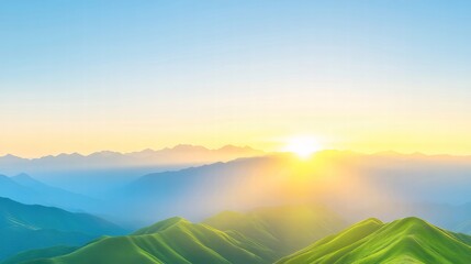 Poster - 日の出時の山々のパノラマビュー 太陽光が緑豊かな丘陵地帯を照らし 穏やかな青空を背景に輝く