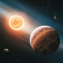 Wall Mural - A realistic, cinematic deep space view features a large, clear exoplanet orbiting an orange star, surrounded by stars in a vast dark-blue space.