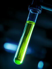 Poster - Test tube containing glowing green liquid in laboratory setting