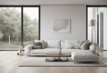 Wall Mural - nordic illustrationhyperrealism landscape minimalist white living sofa decor photorealistic photorealism wooden interior large room wall floor window home 3d house light style hotel three-dimensional