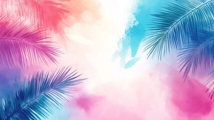 Poster - Colorful background with palm leaves in the corners and a bright central area of blended colors