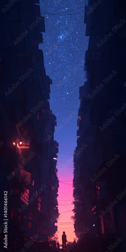 City of Dreams: A person stands at the end of a street, framed by tall buildings that reach for the colorful night sky above. A symbol of solitude.