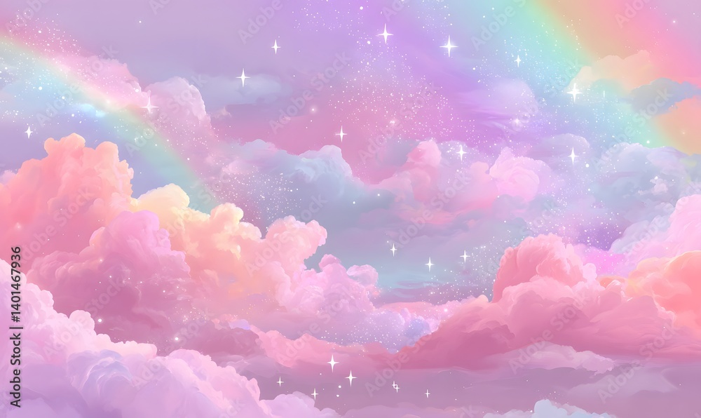 Pastel rainbow sky with fluffy clouds and twinkling stars creating a ...