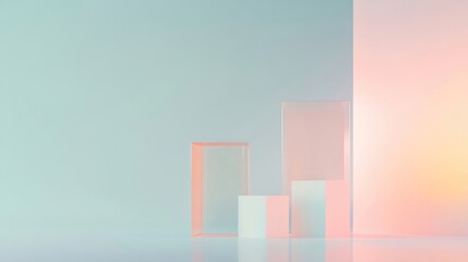 Aufkleber - 抽象的な幾何学的構成 パステルカラーの透明なガラスブロック ライトと反射が特徴的なデザイン