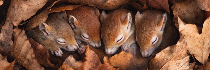 Poster - Forest animals enjoy a peaceful nap in a cozy circle of leaves during a sunny afternoon in Lapki woodland