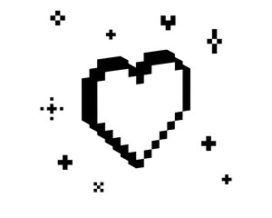 Poster - 3D heart pixel art black element. Y2k inspired trendy bold and groovy collage sticker. Mood of 90s. 8 bit retro style vector illustration. Simple geometric heart shape with sparkle. Game abstract icon