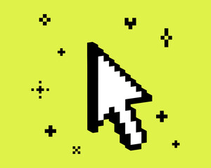 Fototapete - 3D mouse arrow point pixel art black element. Y2k inspired bold and groovy collage sticker. Mood of 90s. 8 bit retro style vector illustration. Simple geometric shape with sparkle. Game abstract icon