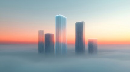 Poster - 高層建築が霞む空にそびえ立ち夕焼けと雲海に包まれる都会の幻想的な風景