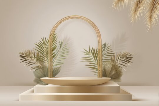 a podium with tropical leaves and a golden arch for a product presentation background mockup design