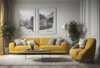 Aufkleber - poster 3d room living sofa illustration rendering mock yellow grey frame blue interior black home indigo creative board paper business concept collection background work pillow wall image graphic