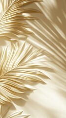 Poster - Elegant Interplay of Shadows and Light Created by Palm Leaves on a Soft Beige Background in a Serene Indoor Setting