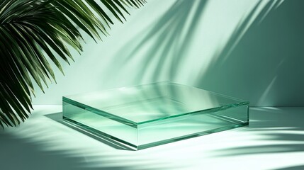 Poster - Clear Glass Display Stand With Soft Shadows Cast by Green Palm Leaves in a Stylish Setting During Daylight