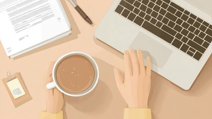 Poster - Hands on Laptop With Coffee Cup and Blank Papers in Workspace Generative AI