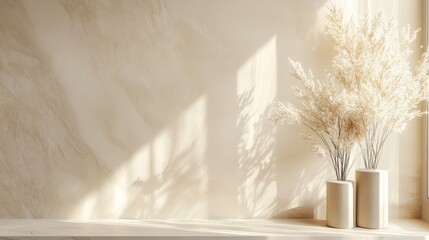 Poster - Soft Beige Background With Dried Grass Placed Elegantly, Creating a Tranquil and Warm Atmosphere in a Minimalist Setting