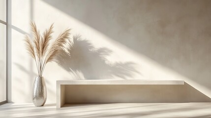 Aufkleber - Elegant Arrangement of Dried Grass in a Simple Vase on a Sunlit Surface Casting Soft Shadows in a Minimalist Interior Space