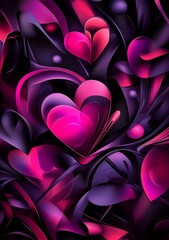 Poster - Colorful Abstract Artwork With Dynamic Swirls and Hearts in Shades of Pink and Purple Against a Dark Background