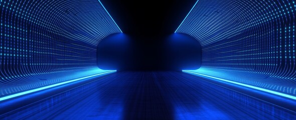 Poster - Vibrant Blue Tunnel Illuminated With Lights Creates a Futuristic and Immersive Experience for an Avant-Garde Setting