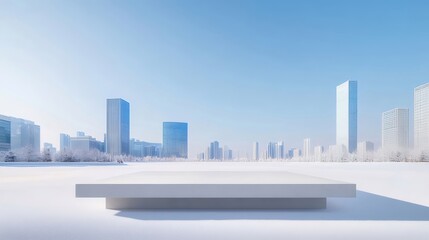 Aufkleber - 冬の都市風景 青い空と雪景色に白いプラットフォーム展示デザインのモダンな建築