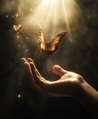 Poster - Ethereal Butterfly Floating Gracefully Above a Reaching Hand Illuminated by Soft Light in a Tranquil Setting