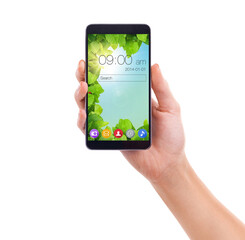 Poster - Phone, screen and hand holding mobile ui in studio isolated on white background mockup space. Smartphone, closeup or display on digital software, wallpaper or app icons on search bar for time on tech