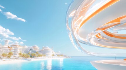 Aufkleber - 未来的な海岸沿いの風景と白い建物群 海岸線には透明な構造物と青い海 夏の太陽の下でリラックスした雰囲気