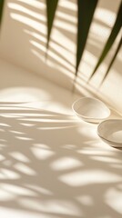 Poster - Elegant Interplay of Shadows and Light Created by Palm Leaves on a Soft Beige Background in a Serene Indoor Setting