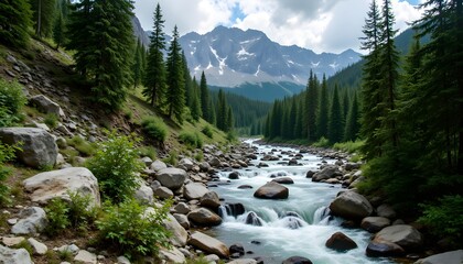 Wall Mural - Thrill of Navigating Through Scenic Mountain River Landscape