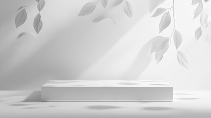 Poster - Soft Shadows Dance Across a Minimalist Surface Adorned With Delicate Leaves in a Serene Indoor Environment During Gentle Daylight