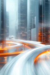 Aufkleber - 夜間高速道路を走る光の軌跡と高層ビル群の未来都市抽象風景 鮮やかなオレンジと白の光が都市を照らし出す