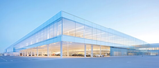 Poster - 青い空の下の大きなガラス張りの近代的な建物 現代建築のデザインと洗練された外観