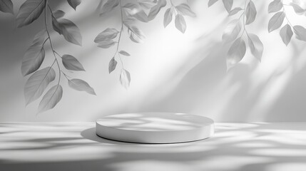 Poster - Soft Shadows Dance Across a Minimalist Surface Adorned With Delicate Leaves in a Serene Indoor Environment During Gentle Daylight