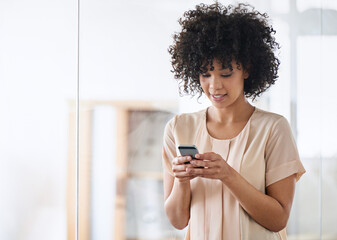 Poster - reading, mobile and business woman in office for sending email, networking or browsing website. prof