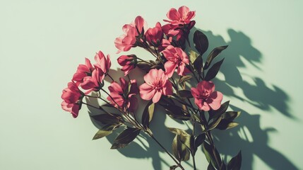 Poster - Delicate Pink Flowers Casting Shadows Against a Mint Green Wall Create a Serene Atmosphere in a Simple, Modern Indoor Setting