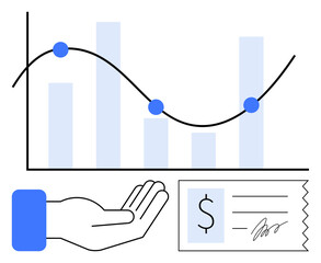 Poster - hand below a financial graph with dots and bars, next to a receipt with a signature. ideal for finan