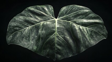 Poster - Large Dark Green Leaf Placed on a Black Surface Showcasing Its Intricate Vein Patterns and Texture During a Still Life Composition