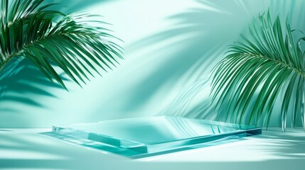 Poster - Clear Glass Display Stand With Soft Shadows Cast by Green Palm Leaves in a Stylish Setting During Daylight