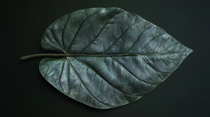 Poster - Large Dark Green Leaf Placed on a Black Surface Showcasing Its Intricate Vein Patterns and Texture During a Still Life Composition