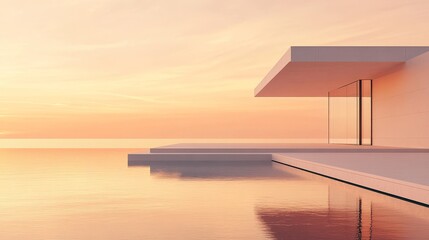 Poster - Modern Architectural Design Overlooking a Serene Ocean at Sunset With Reflections and Warm Colors Illuminating the Scene