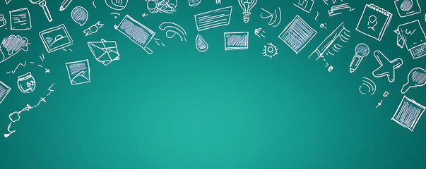 Teal background with doodle-style icons of technology and education floating at the top, simple vector art style.