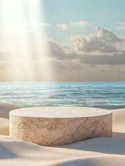 Poster - Calm Beach Setting With a Stone Platform Overlooking the Tranquil Ocean and Serene Sky at Sunset