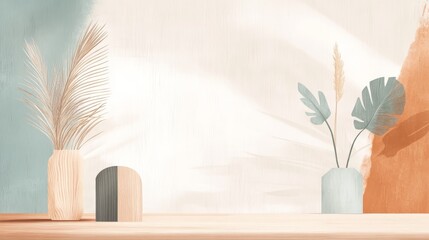 Poster - Home Decor Display With Minimalistic Vases and Decorative Branches on Wooden Table Against Pastel Background