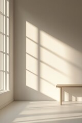Poster - Sunlight Filters Through Large Windows Creating Soft Shadows in a Minimalist Interior Space With a Simple Wooden Stool