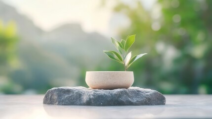 Poster - 緑の植物の芽が石の上の小さなボウルに育つ背景には明るい光と緑の風景