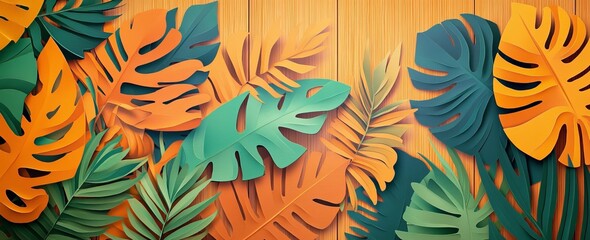 Poster - Colorful Paper Leaves in Shades of Green and Orange Arranged Creatively Against a Wooden Background