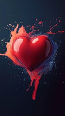 Poster - Vibrant Heart Shape Splashed With Red Liquid Against a Dark Background Creating a Striking Visual Effect of Love and Passion