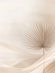 Poster - Minimalist Design Featuring a Single Palm Leaf Against Soft Sand-Toned Background Creating a Serene Atmosphere for Relaxation and Meditation