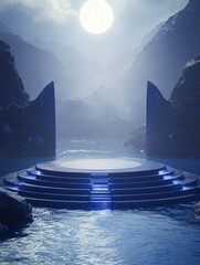Poster - Mysterious Stone Platform Illuminated by Moonlight in Serene Waters Surrounded by Dark Mountains at Night