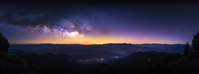 Panoramic View of the Starry Night Sky with the Milky Way Galaxy and Purple-Blue Gradient
